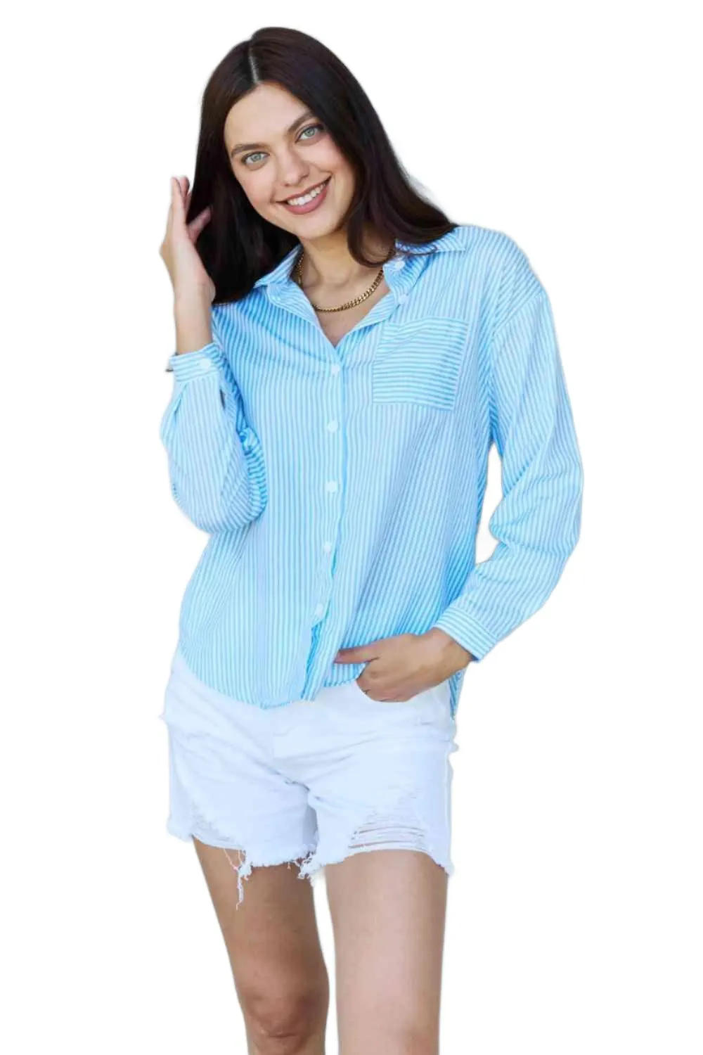 Doublju She Means Business Striped Button Down Shirt Top