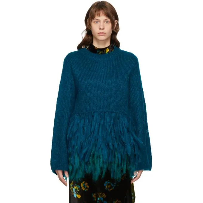 Dries Van Noten Blue Mohair Tassel Hem Sweater