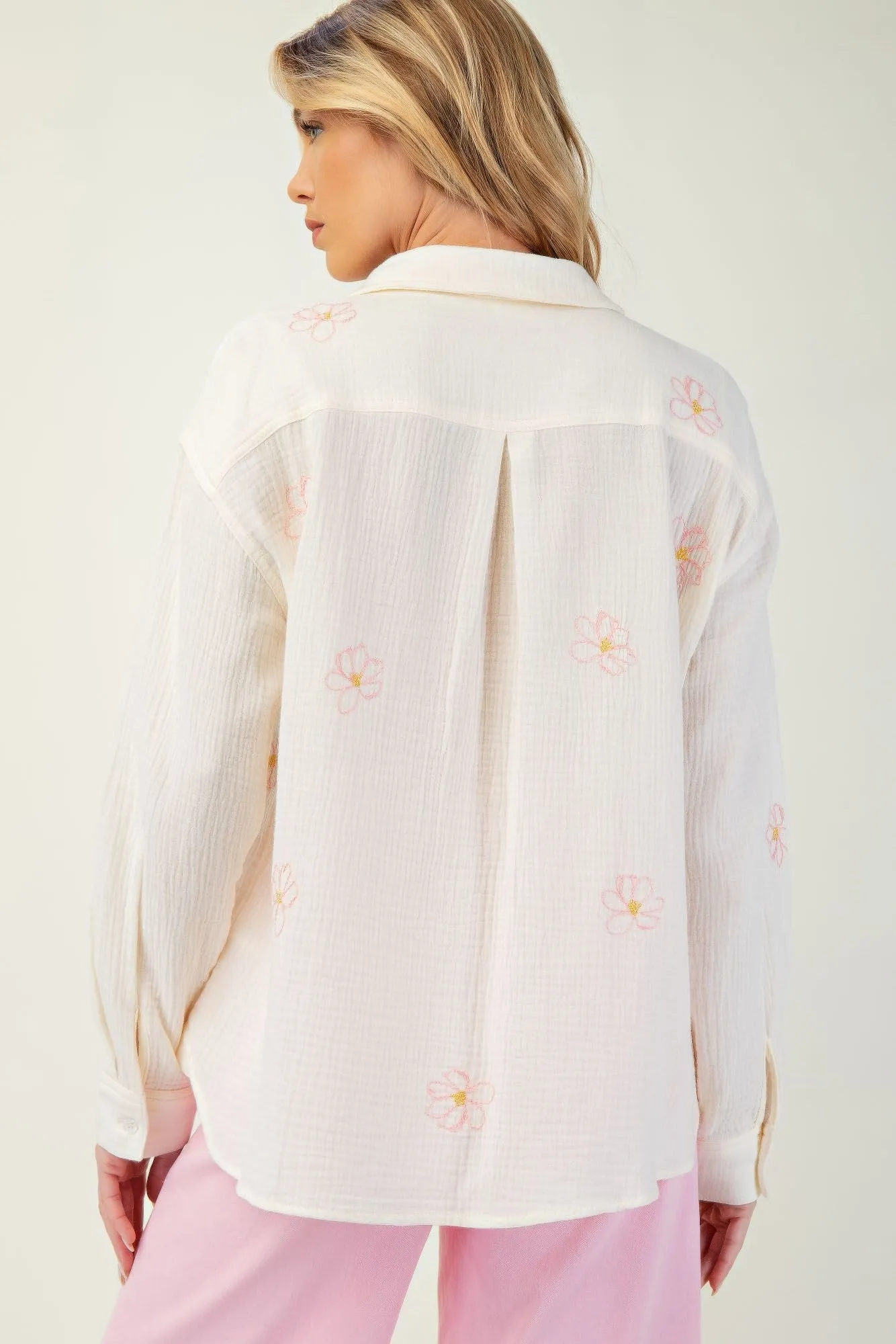 Embroidered Cotton Gauze Button-Down Shirt with Floral Details