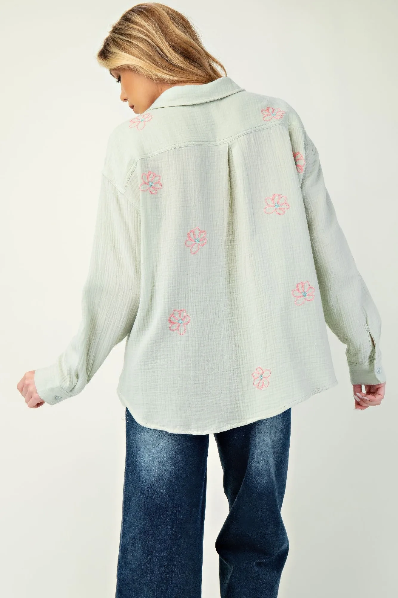 Embroidered Cotton Gauze Button-Down Shirt with Floral Details
