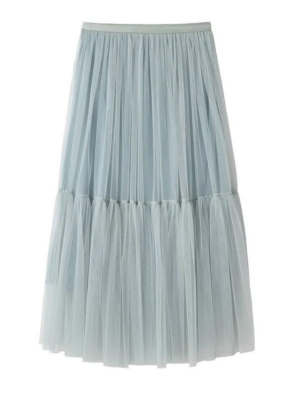 High Waist Stitching Pleated Gauze Skirt
