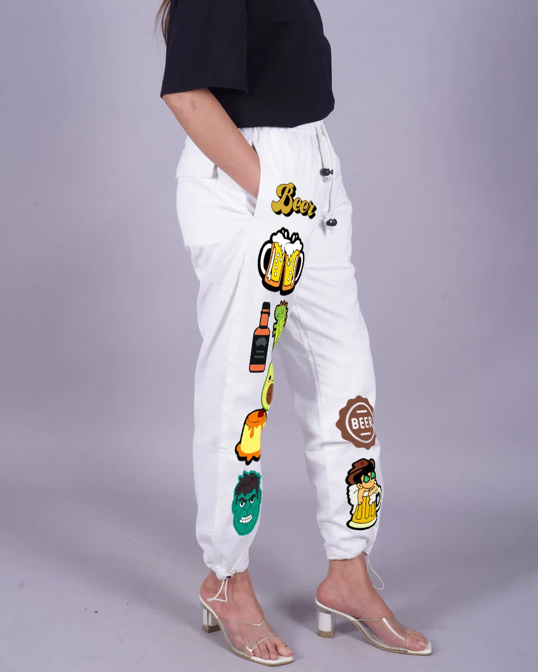 Ladies' White Adjustable Cargo Pants, Perfect for Casual Dining