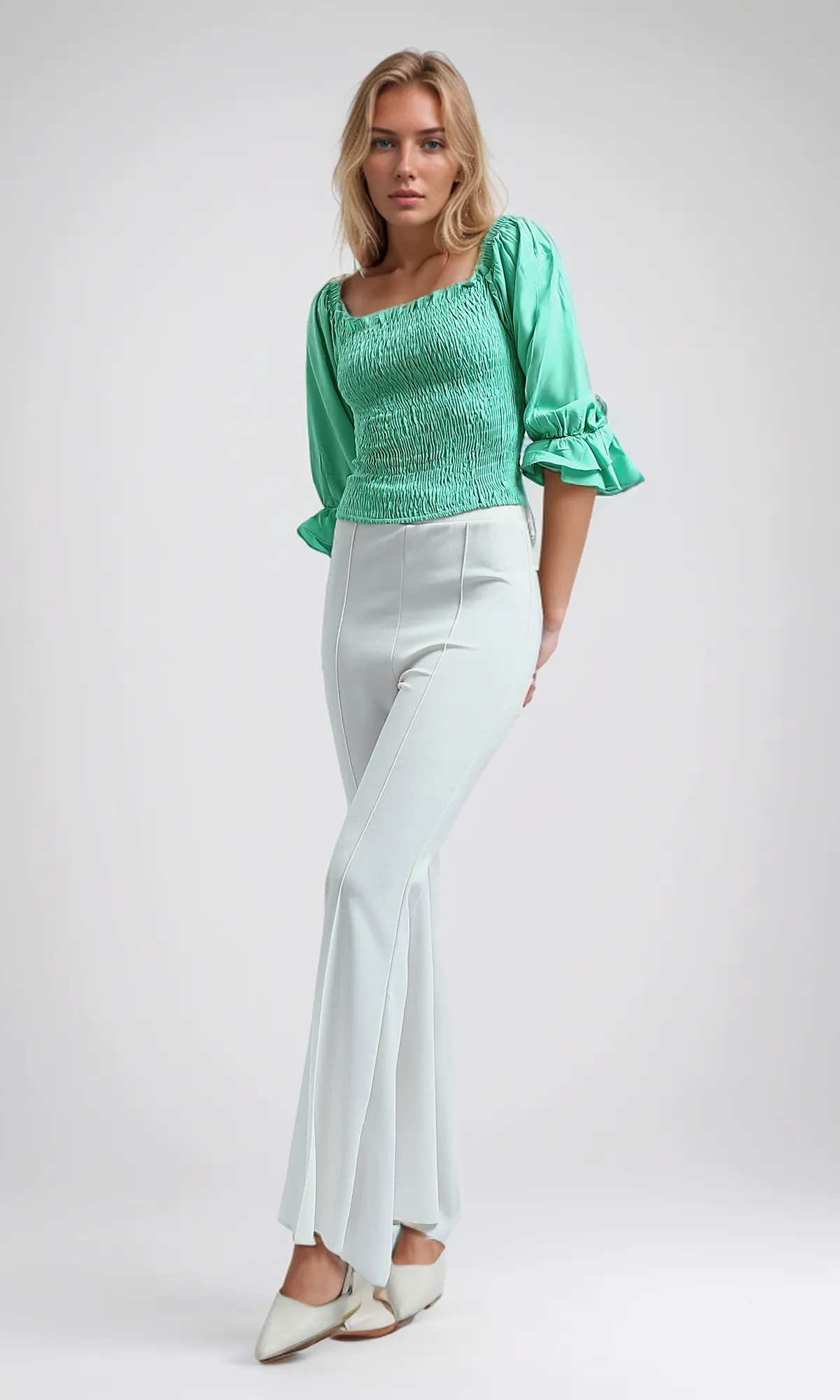 O192515 Long Sleeve Tunic Solid Color Blouse - Light Green