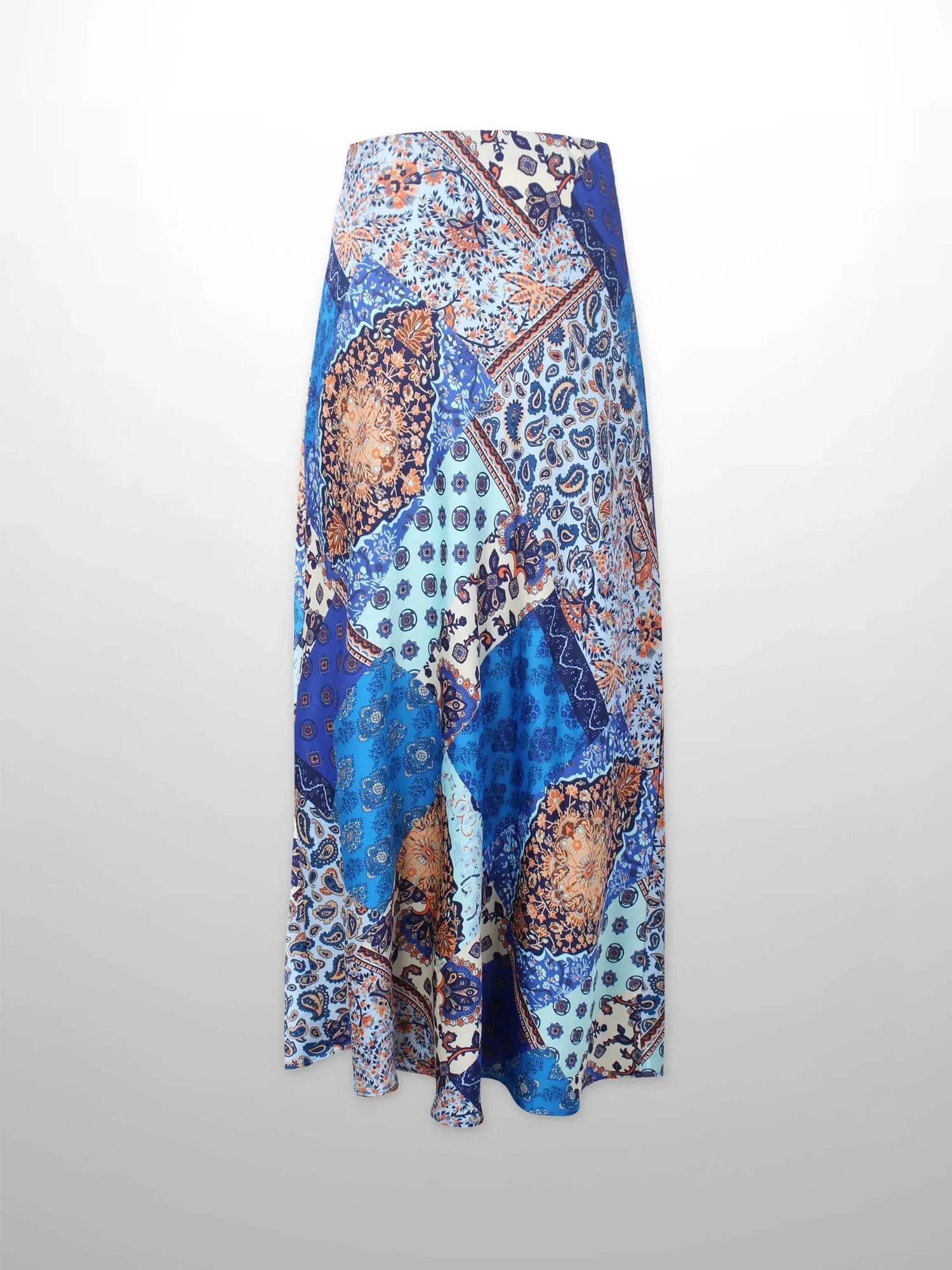 Printed Faux Satin Slip Skirt-Blue Bandana