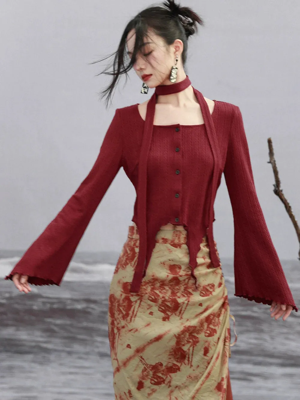 Scarf Flared Retro Sleeve   Red Asymmetrical Top