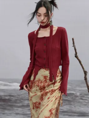 Scarf Flared Retro Sleeve   Red Asymmetrical Top