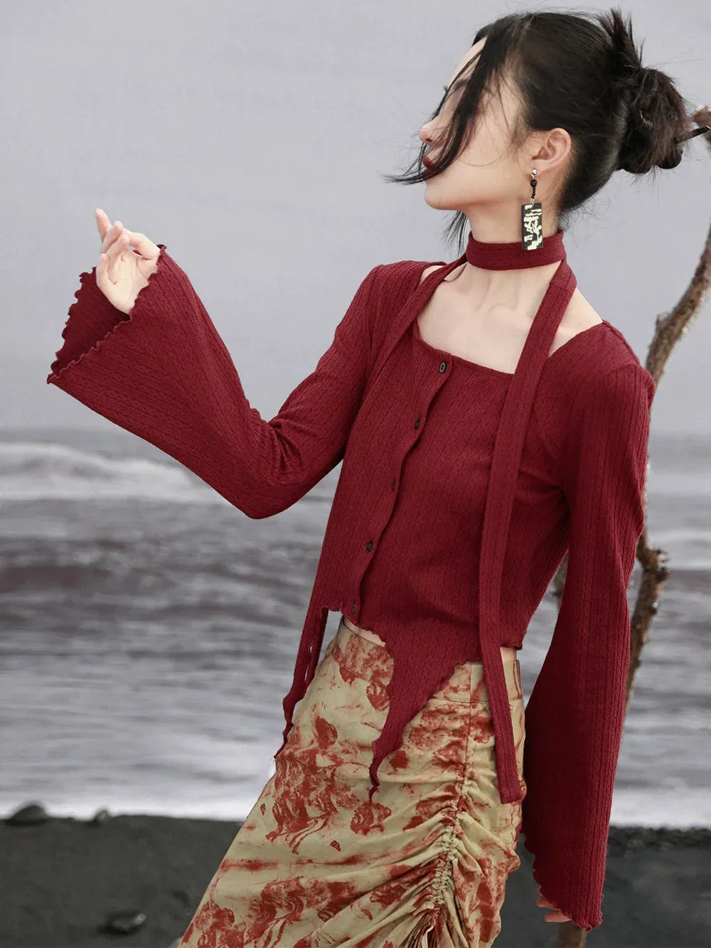 Scarf Flared Retro Sleeve   Red Asymmetrical Top