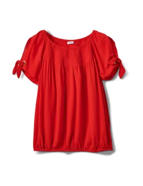 Smocked Peasant Grommet Tie Sleeve Top