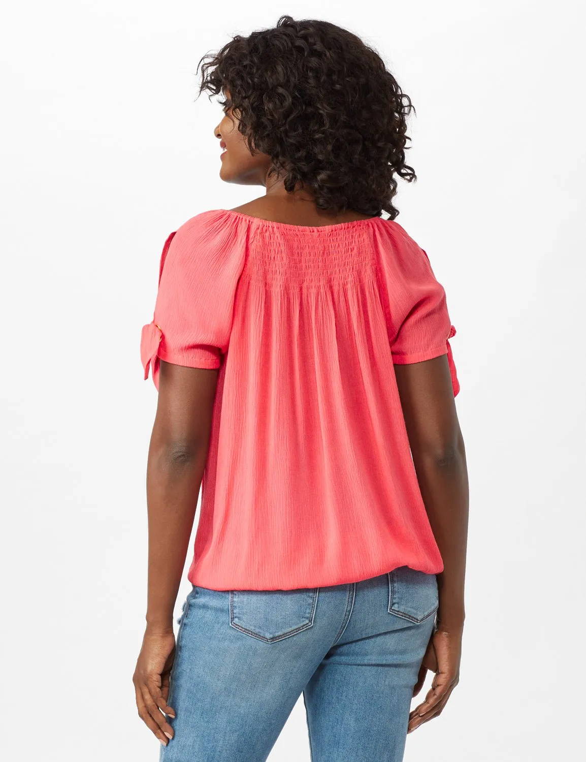 Smocked Peasant Grommet Tie Sleeve Top