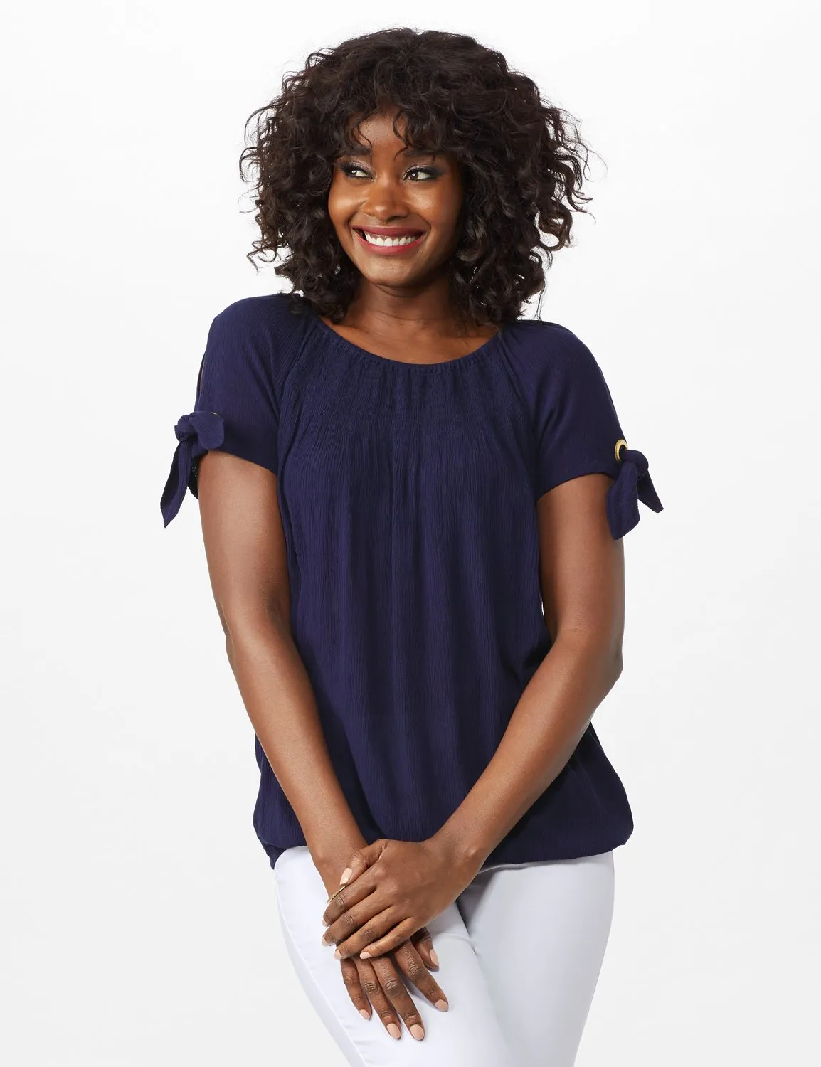 Smocked Peasant Grommet Tie Sleeve Top