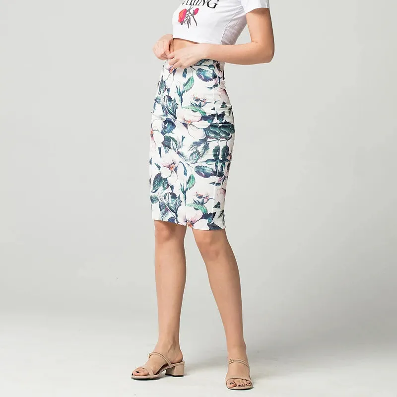 Summer Style Floral Print Midi Skirt Women Spring Pencil Skirt